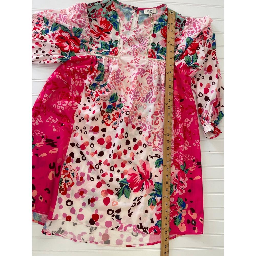 NWT Boutique Umgee Mixed Floral Leopard Print Lace Trim Shift Dress Pink Medium - Picture 7 of 9